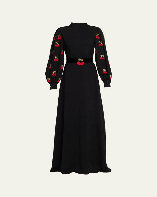 Cherry Embroidered Belted Puff-Sleeve Gown